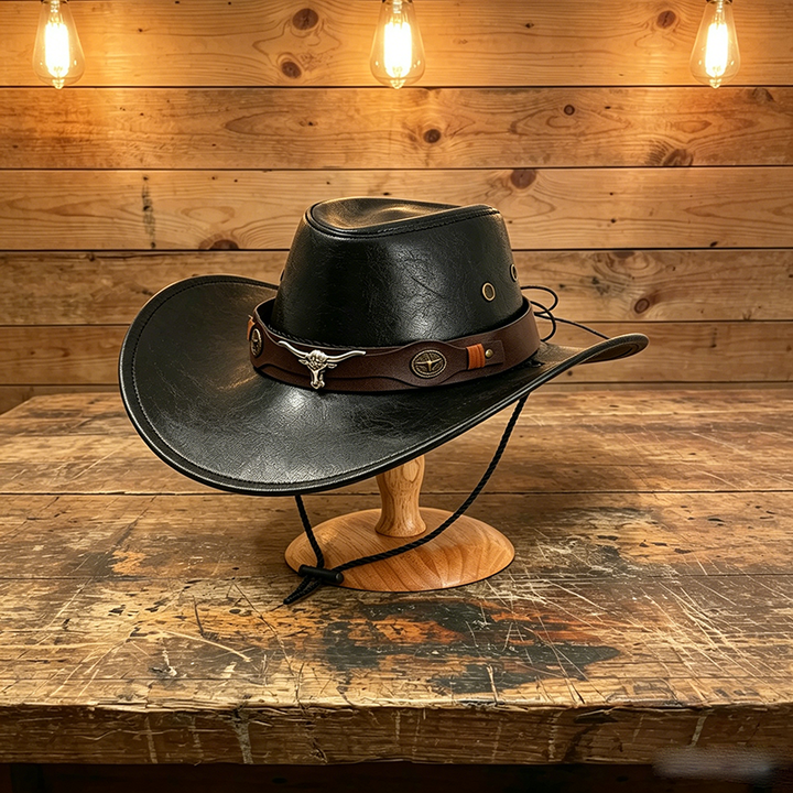 Leather Cowboy Hat with Metal Bull Head