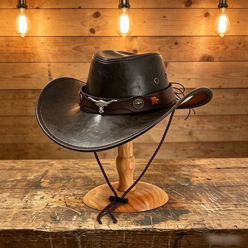 Leather Cowboy Hat with Metal Bull Head