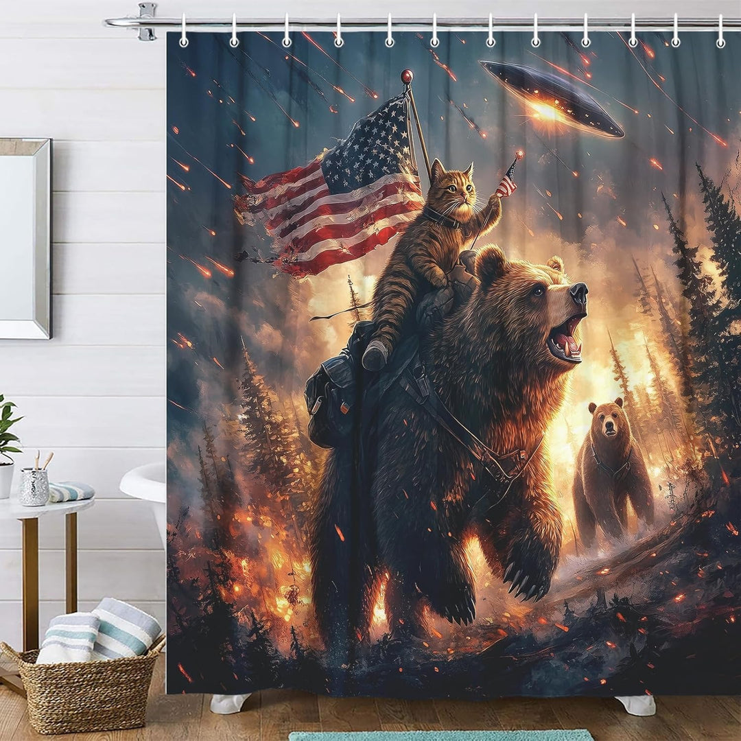 Wilderness Adventure Cat Riding Bear Shower Curtain