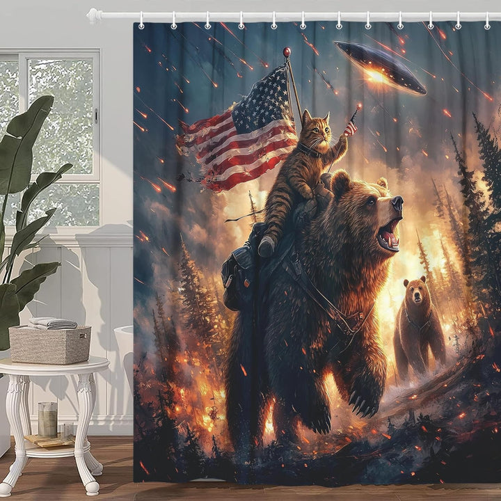 Wilderness Adventure Cat Riding Bear Shower Curtain