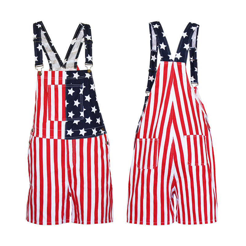 Printed Denim Overall Shorts
