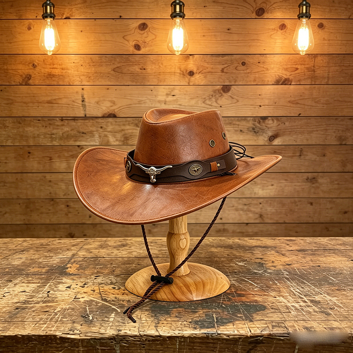 Leather Cowboy Hat with Metal Bull Head