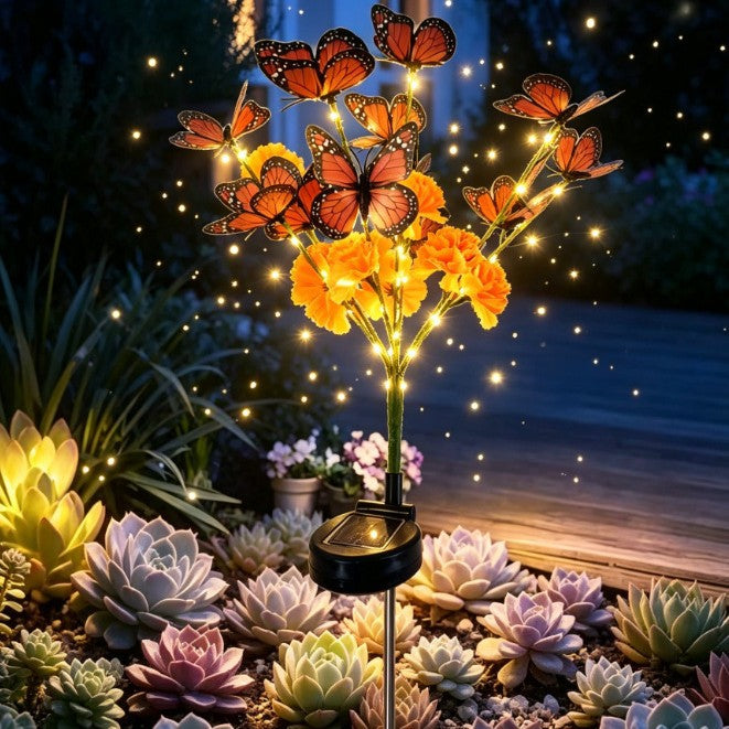 Solar-powered simulated flower and butterfly floor lamp
