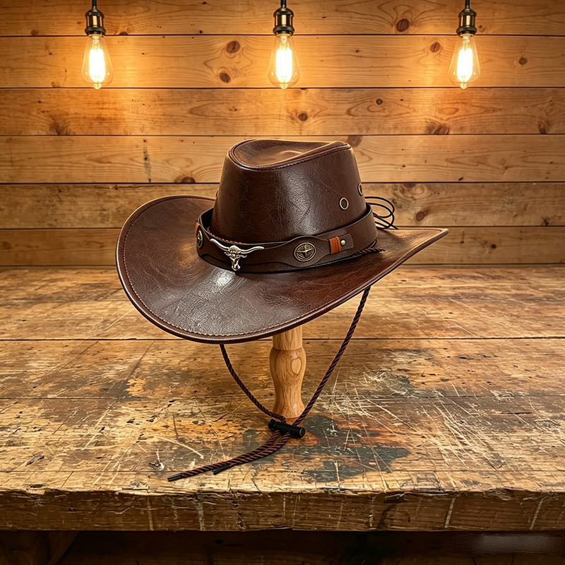 Leather Cowboy Hat with Metal Bull Head