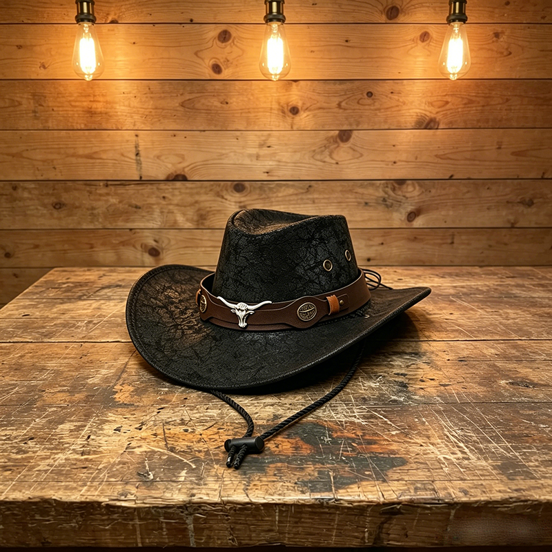 Leather Cowboy Hat with Metal Bull Head