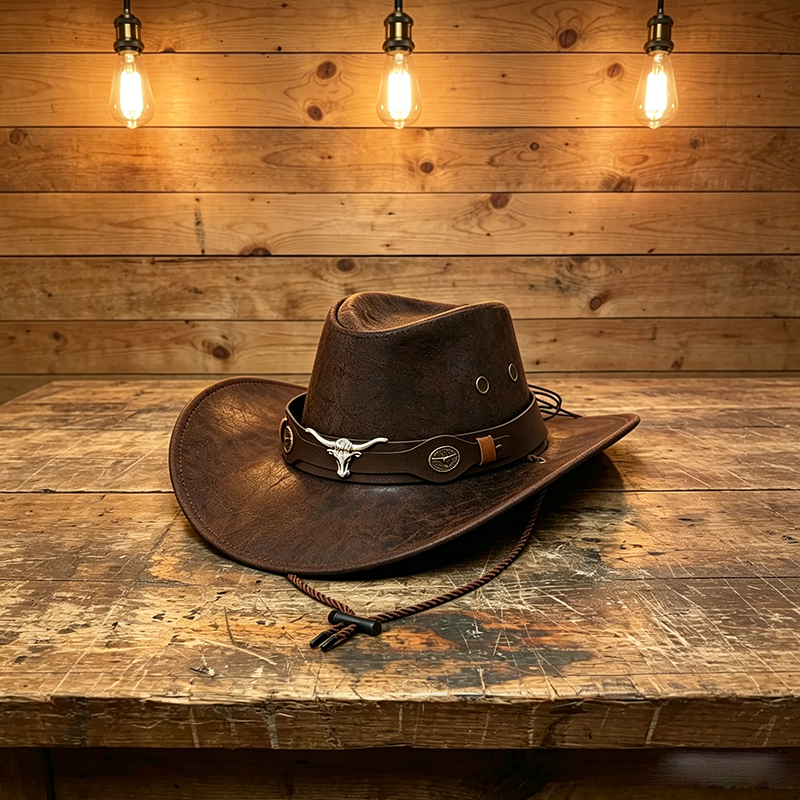 Leather Cowboy Hat with Metal Bull Head