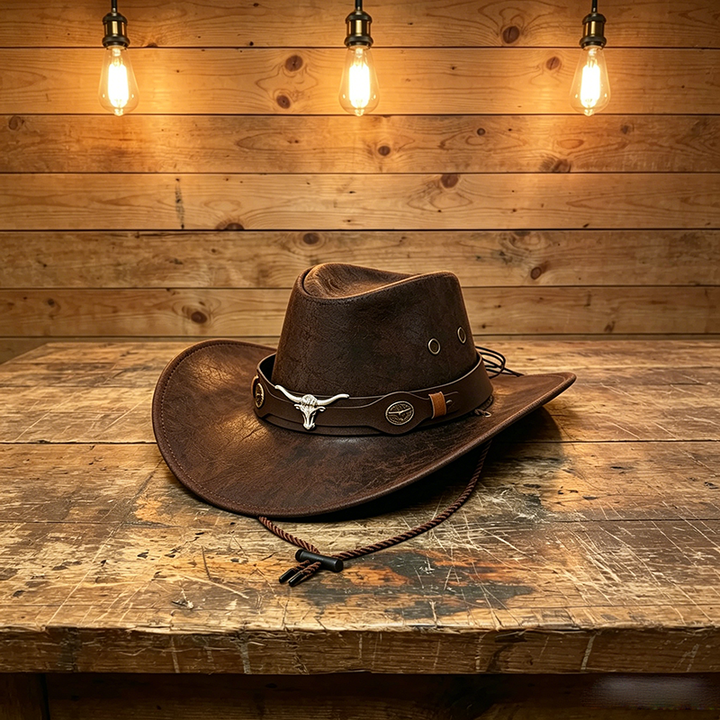 Leather Cowboy Hat with Metal Bull Head