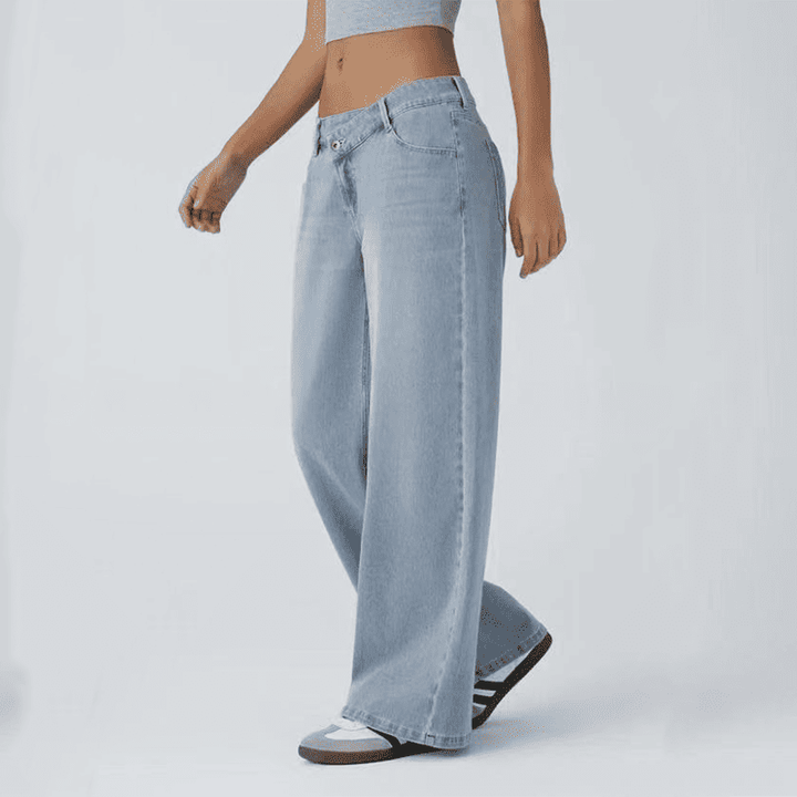 Asymmetrical high-waisted washed casual loose jeans