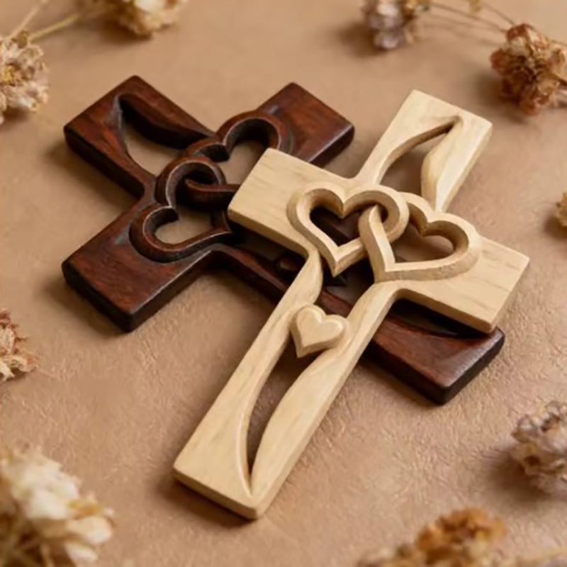 Double-Heart Wooden Hanging Cross