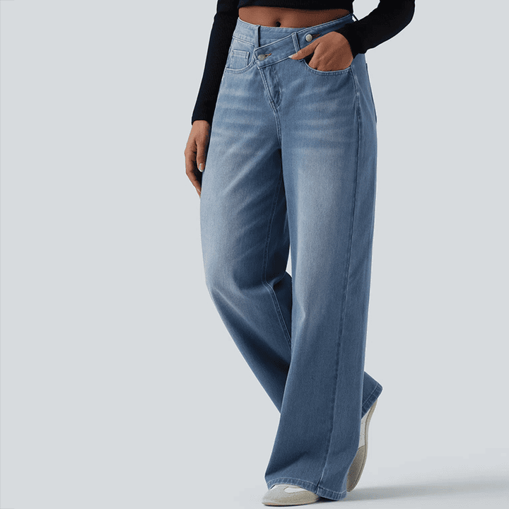 Asymmetrical high-waisted washed casual loose jeans
