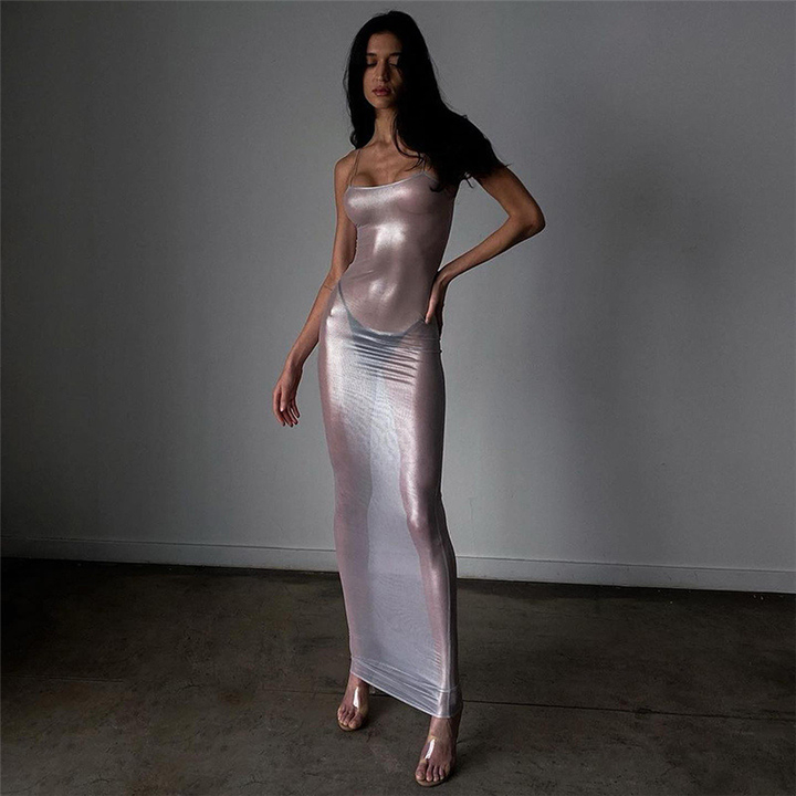 Silver Mesh Slim-Fit Spaghetti-Strap Dress