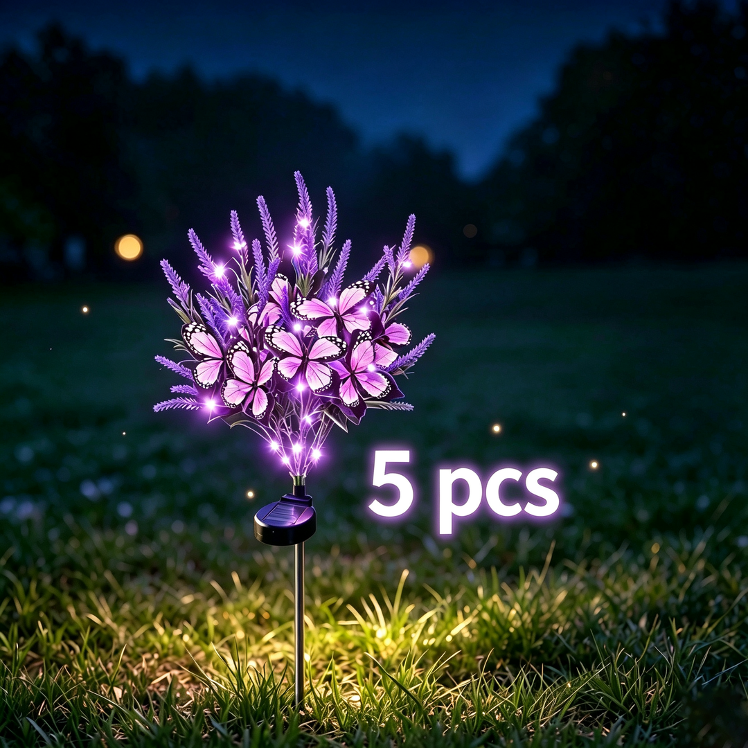 Solar-powered simulated flower and butterfly floor lamp