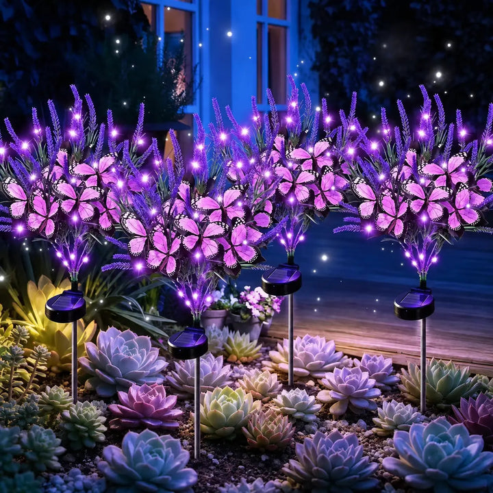 Solar-powered simulated flower and butterfly floor lamp