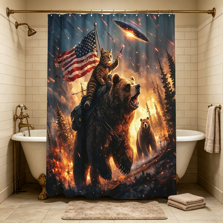 Wilderness Adventure Cat Riding Bear Shower Curtain