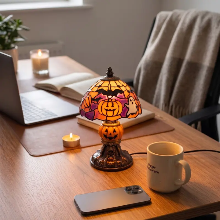 Vintage-style pumpkin and bat pattern table lamp