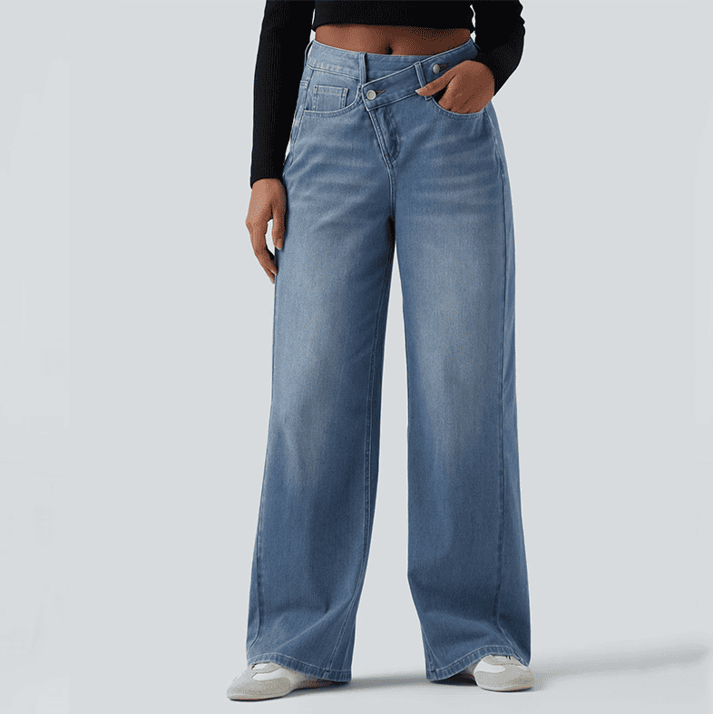 Asymmetrical high-waisted washed casual loose jeans
