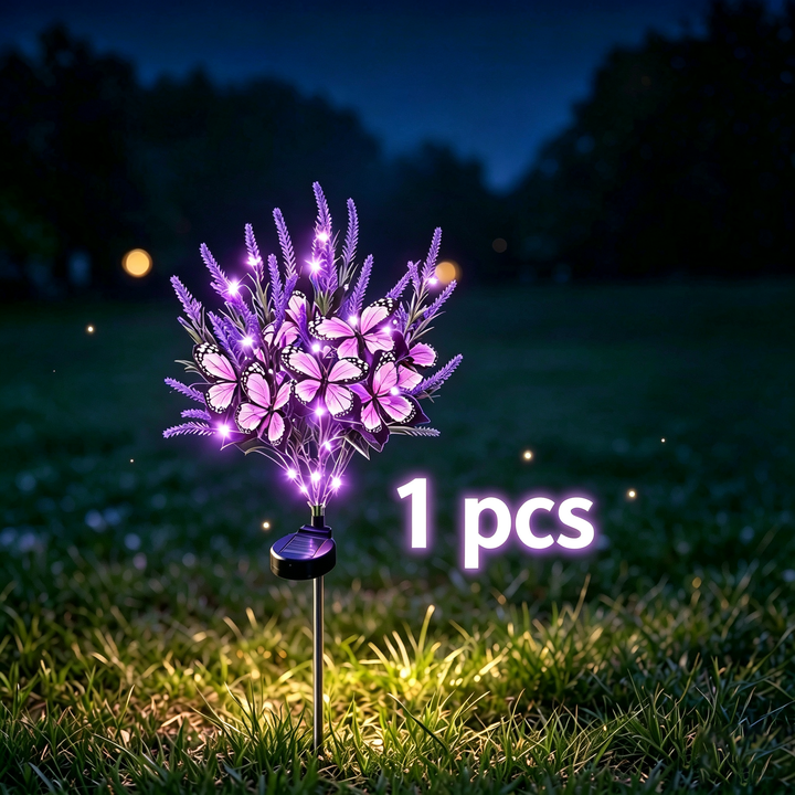 Solar-powered simulated flower and butterfly floor lamp