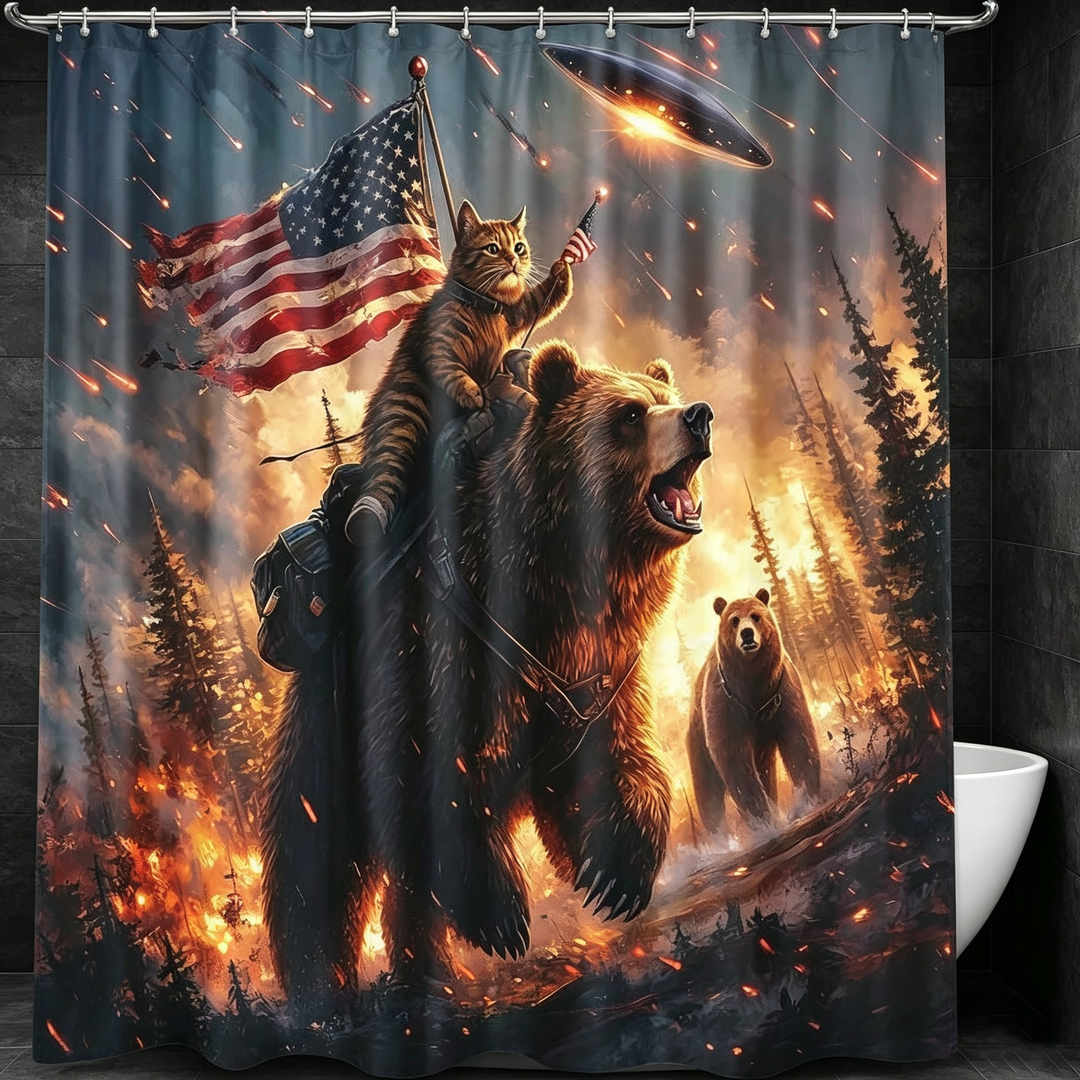 Wilderness Adventure Cat Riding Bear Shower Curtain