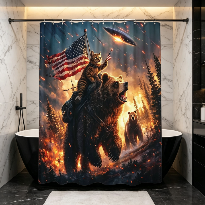 Wilderness Adventure Cat Riding Bear Shower Curtain