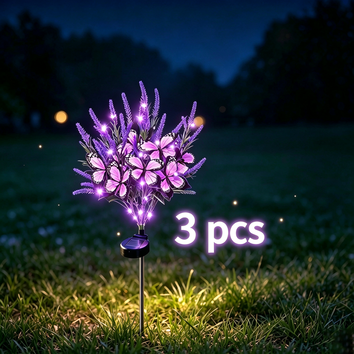 Solar-powered simulated flower and butterfly floor lamp