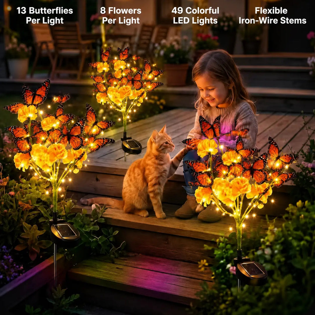 Solar-powered simulated flower and butterfly floor lamp