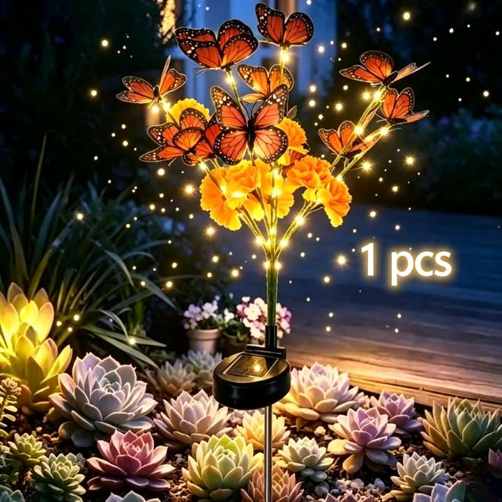Solar-powered simulated flower and butterfly floor lamp