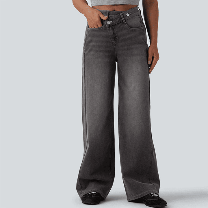 Asymmetrical high-waisted washed casual loose jeans