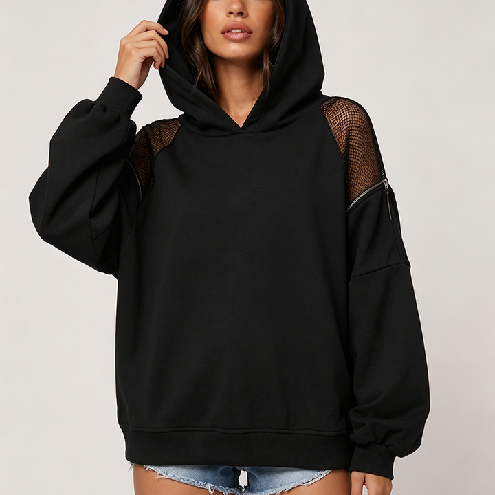 Hooded sweatshirt with mesh panels and zipper detailing