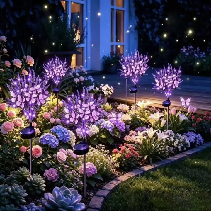 Solar-powered simulated flower and butterfly floor lamp