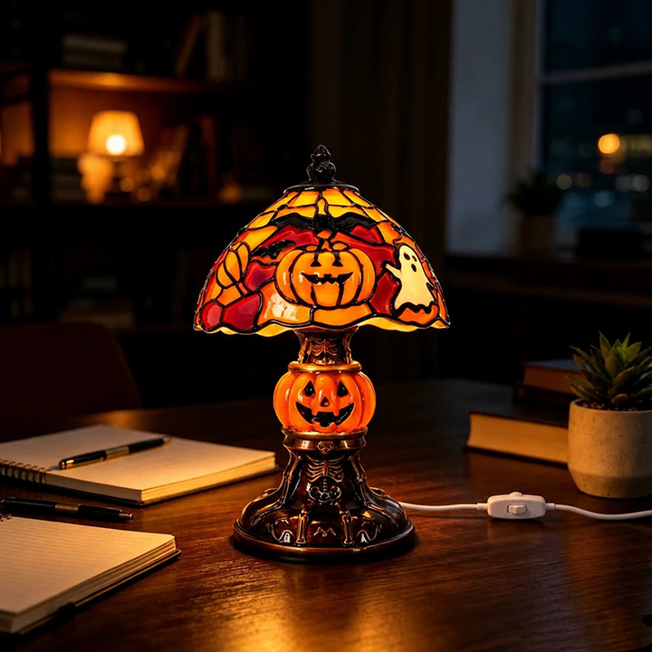 Vintage-style pumpkin and bat pattern table lamp