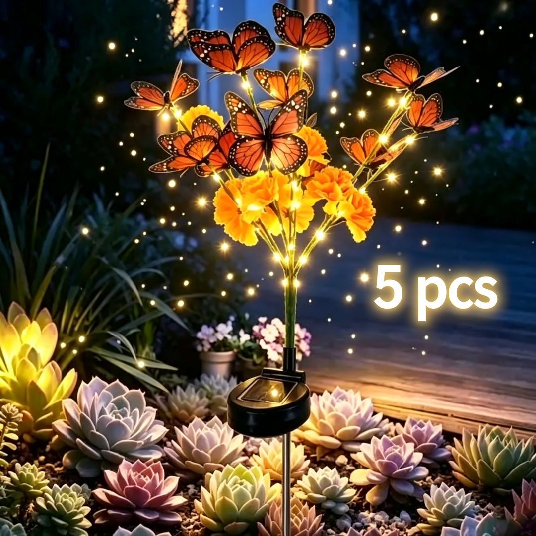 Solar-powered simulated flower and butterfly floor lamp