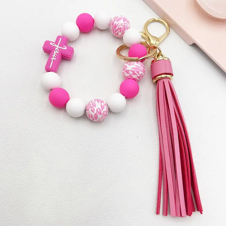 Handmade Leopard-Print, Tassel, and Beaded Keychain