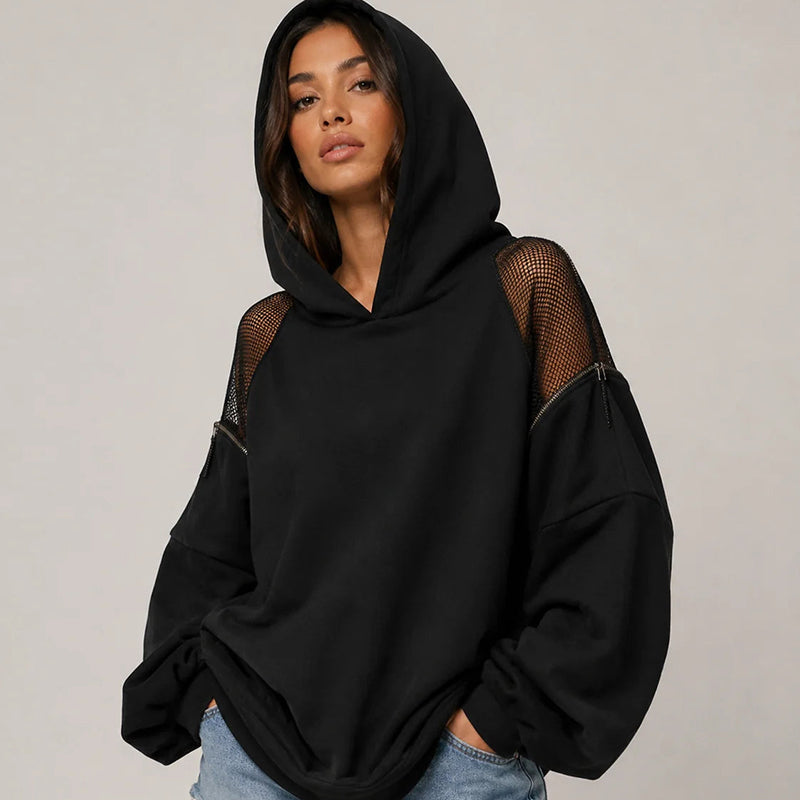 Hooded sweatshirt with mesh panels and zipper detailing