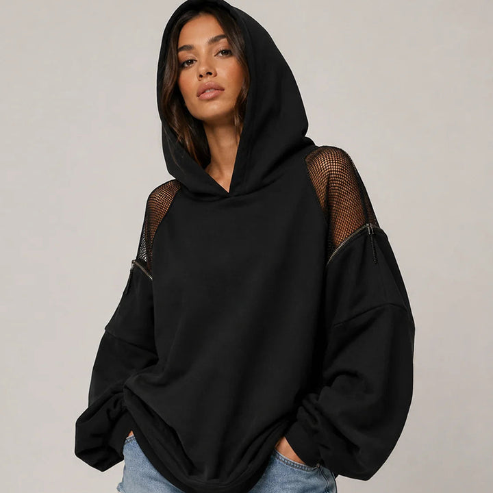 Hooded sweatshirt with mesh panels and zipper detailing