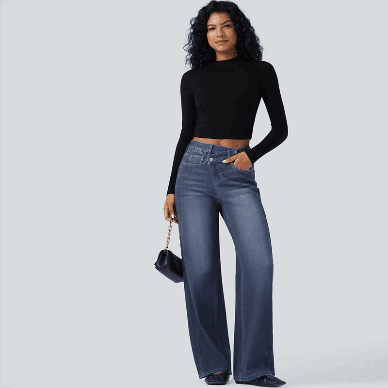 Asymmetrical high-waisted washed casual loose jeans