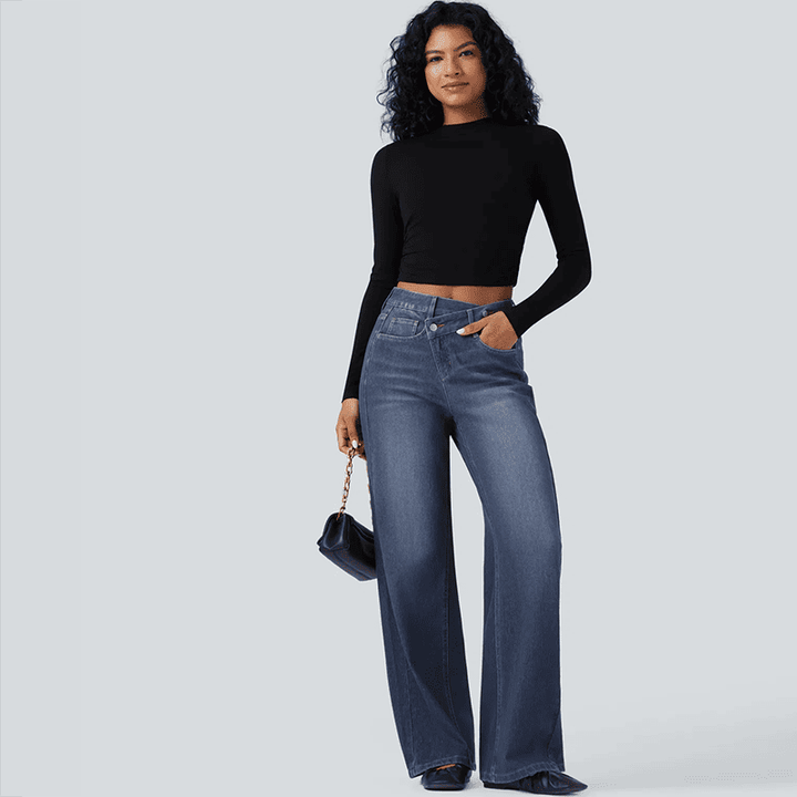 Asymmetrical high-waisted washed casual loose jeans