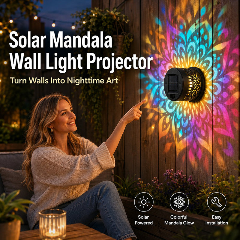 Solar Mandala Wall Light Outdoor Garden Fence Projector Lamp