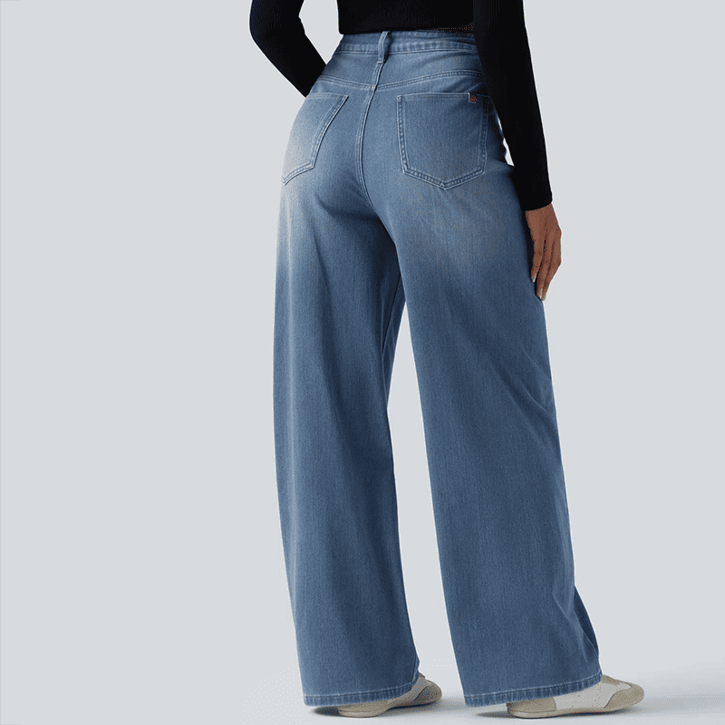 Asymmetrical high-waisted washed casual loose jeans