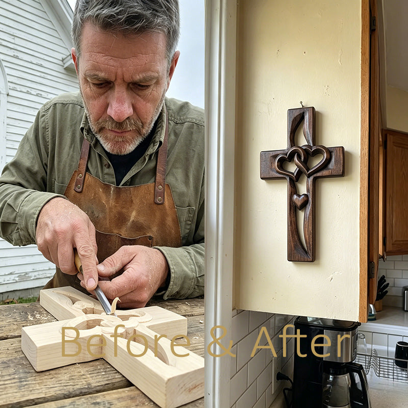 Double-Heart Wooden Hanging Cross