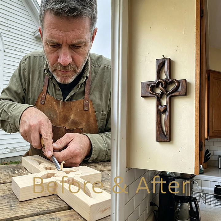 Double-Heart Wooden Hanging Cross