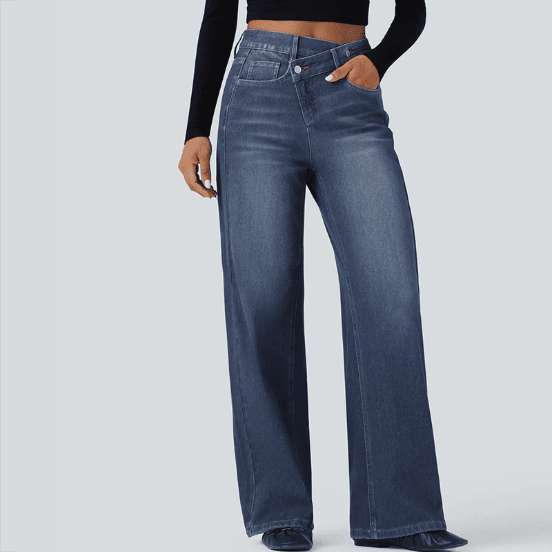 Asymmetrical high-waisted washed casual loose jeans