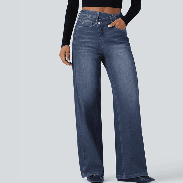 Asymmetrical high-waisted washed casual loose jeans