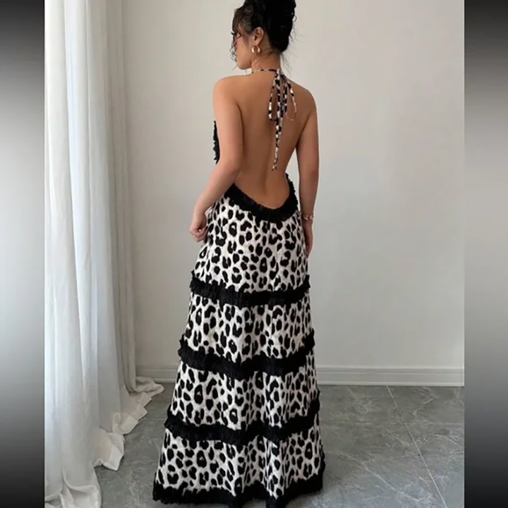 Backless leopard print black lace-trimmed beach dress