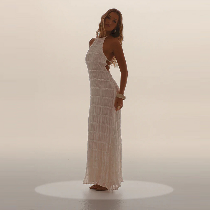Backless pleated tie-up ruffle dress