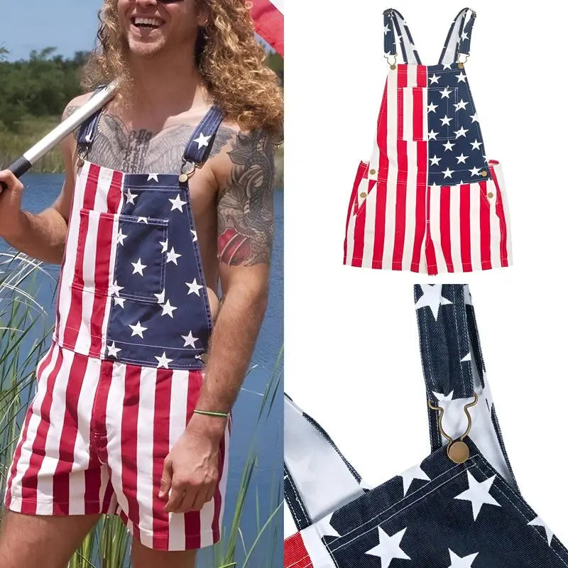 Printed Denim Overall Shorts