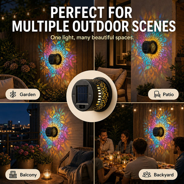 Solar Mandala Wall Light Outdoor Garden Fence Projector Lamp
