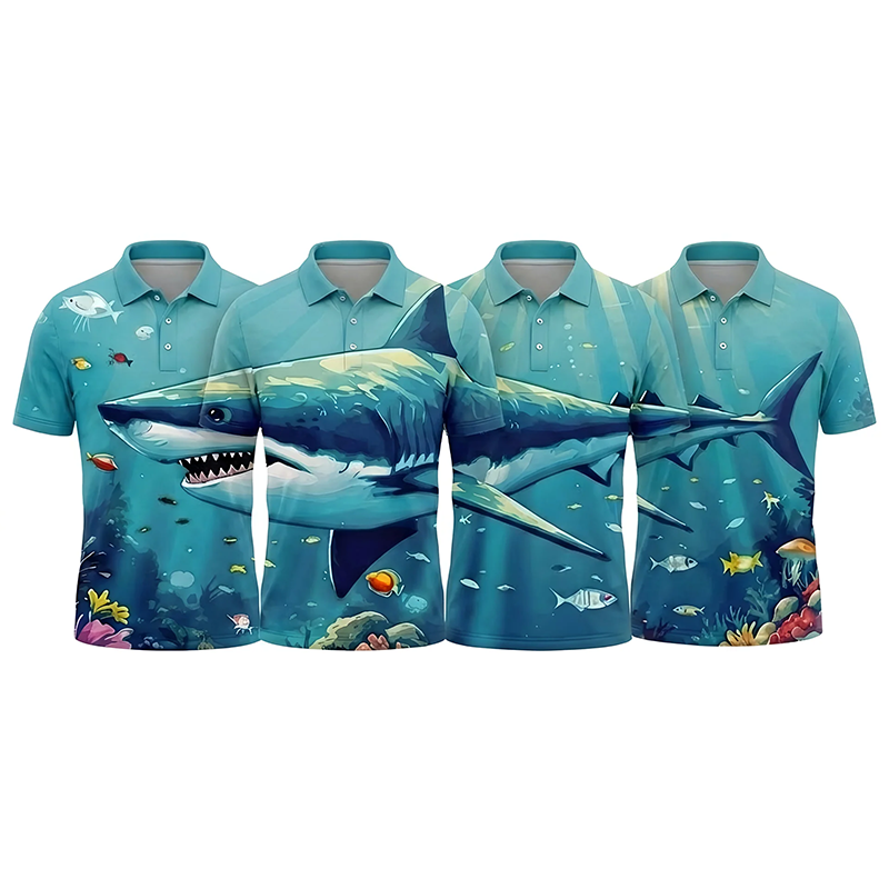 Shark-print short-sleeve polo shirt