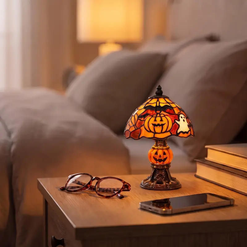 Vintage-style pumpkin and bat pattern table lamp