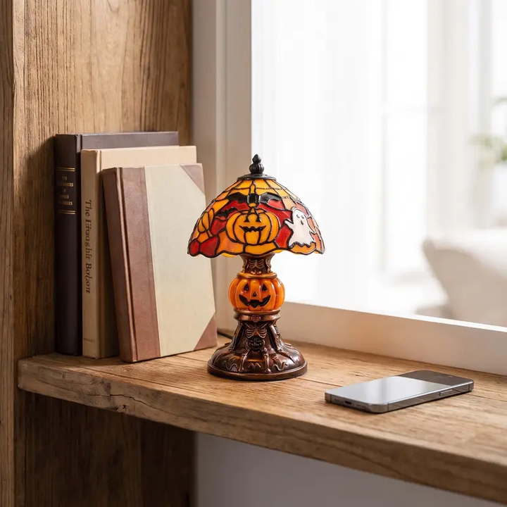 Vintage-style pumpkin and bat pattern table lamp