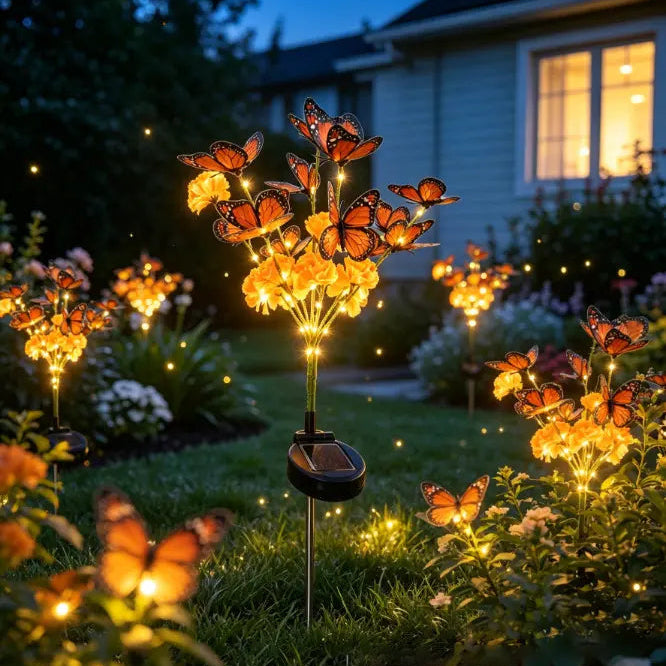 Solar-powered simulated flower and butterfly floor lamp